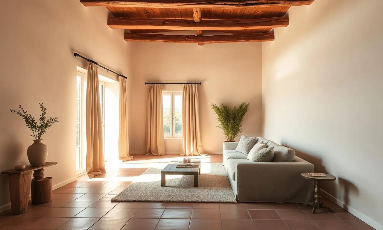Salon lumineux d'une maison provençale à Mougins, murs à la chaux ton plâtre, mur olive, sol en tomettes, image d'inspiration, Alpes-Maritimes