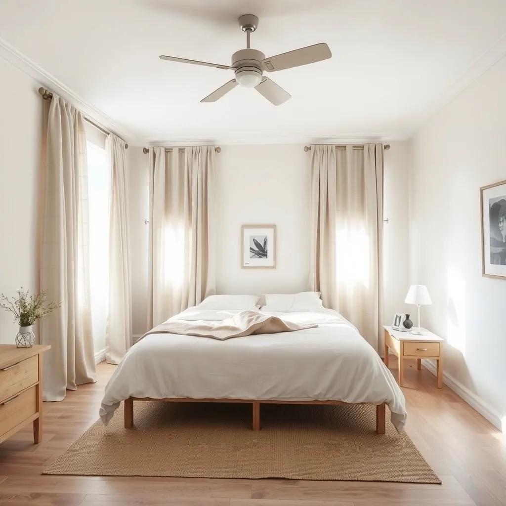 Chambre calme d'un appartement de bord de mer à Cannes, rideaux en lin occultants et textiles naturels, Alpes-Maritimes (intérieur d'inspiration)