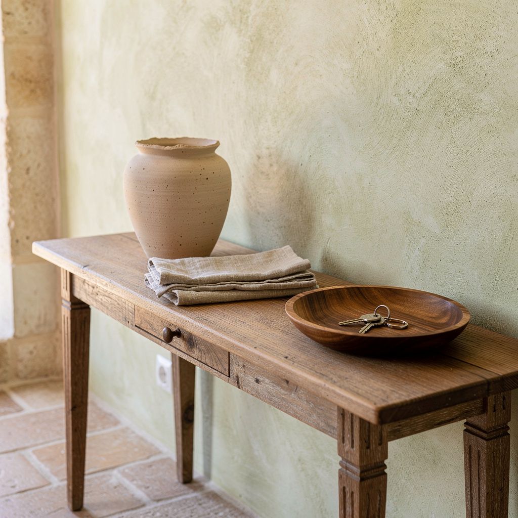 Entrance of a Provencal village house in Biot with an oak console, arched mirror and terracotta tomette floor