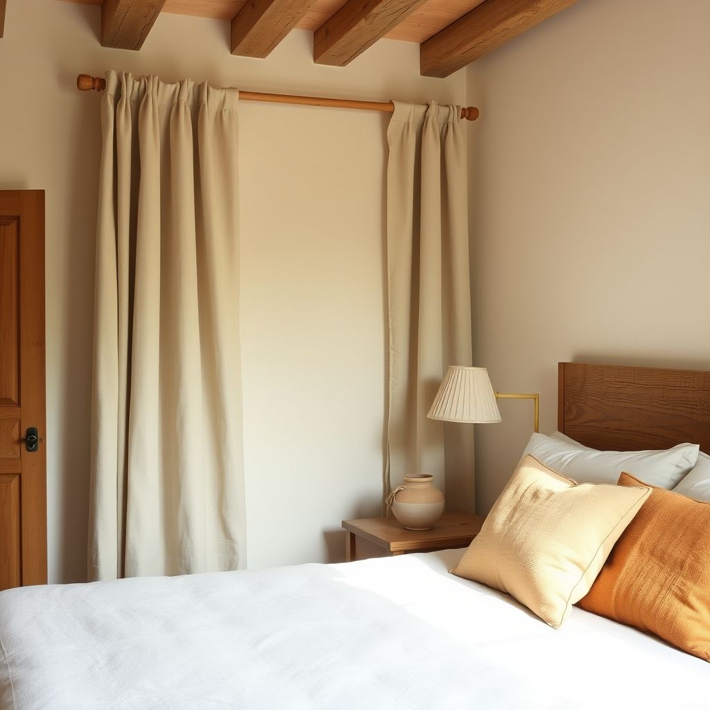 Chambre provencale aux murs a la chaux beige clair et lin naturel