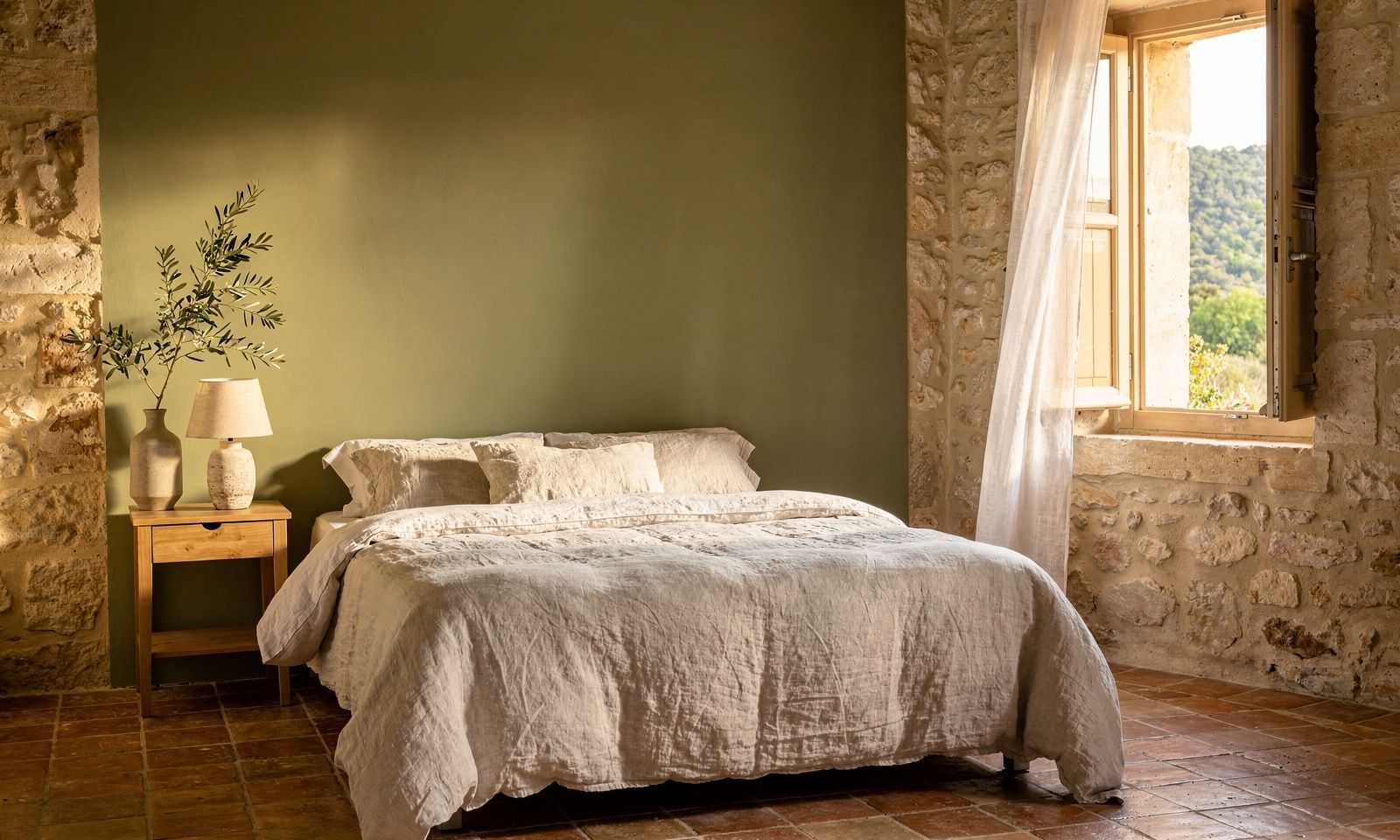 Summer bedroom in Mougins with an ecru washed linen bed, almond green wall and linen sheer at the window