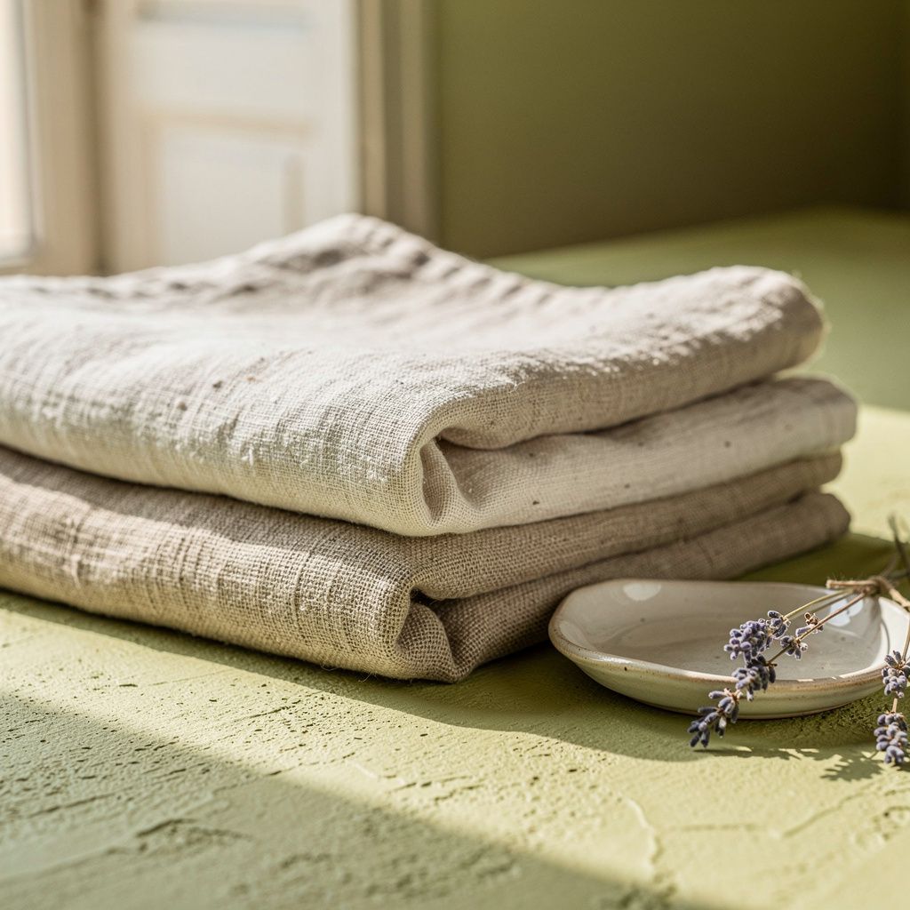 Pile de linges en lin et coton naturels avec une coupelle en céramique et de la lavande séchée