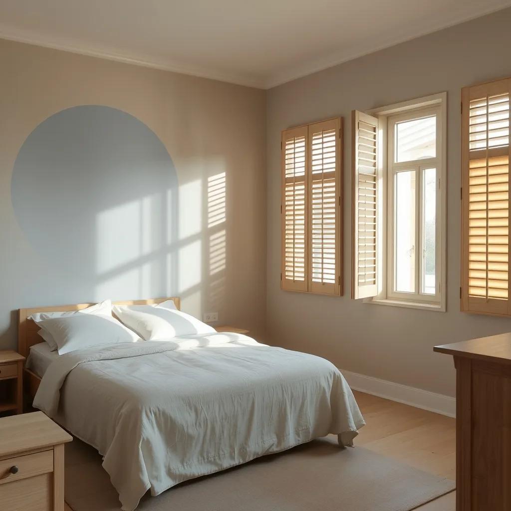 Chambre provençale calme à Mougins, murs ton plâtre, accent bleu passé, volets en bois mi-clos, image d'inspiration, Alpes-Maritimes