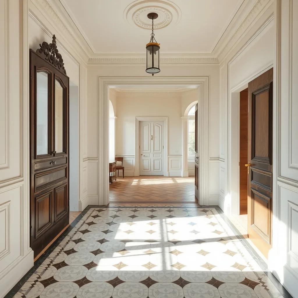 Belle Époque entrance hall with original cement tiles and a contemporary pendant under a ceiling rose, Alpes-Maritimes (inspirational image)