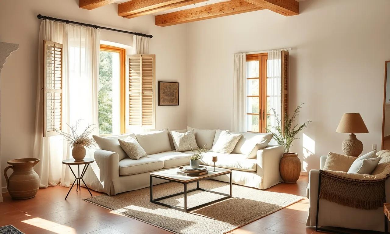 Lyst provensalsk stue med sofa i ecrufarget vasket lin og tynne lingardiner, franske rivieraen, Alpes-Maritimes (inspirasjonsbilde)