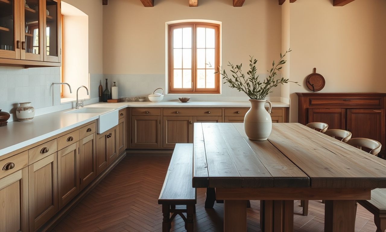 Provencal kitchen in Grasse, pale stone worktop and oiled wood under soft light