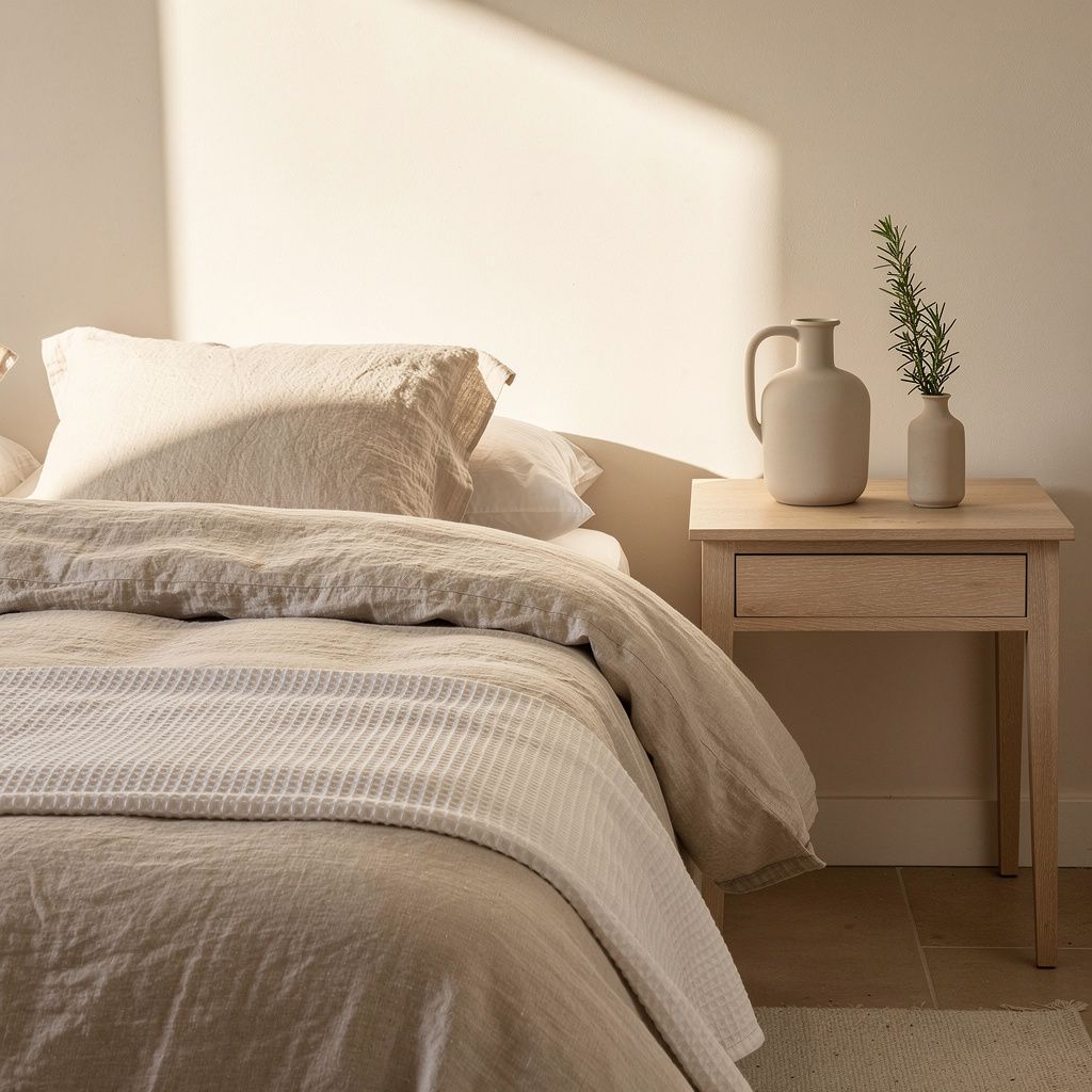 Detail of a summer bed in washed linen with a light bedspread folded at the foot and a pale oak bedside table