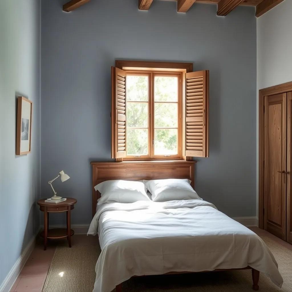 Provencal mas bedroom with a faded blue wall, washed linen and wooden shutters filtering the light, Alpes-Maritimes (inspirational interior)