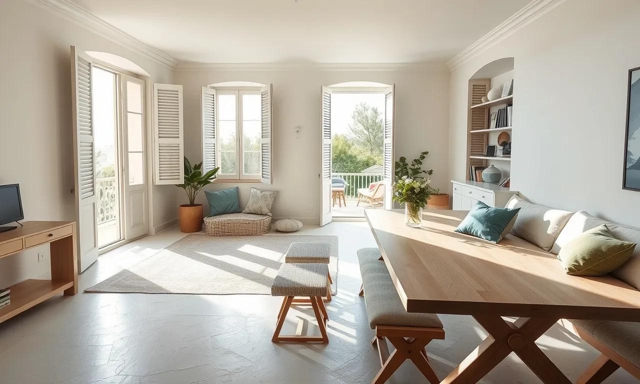 Séjour lumineux d'un appartement de bord de mer à Cannes, murs clairs et volets bois, Alpes-Maritimes (intérieur d'inspiration)