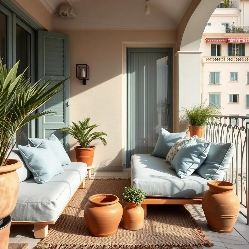 Terrasse d'un appartement à Cannes aménagée en salon extérieur, coussins bleu délavé et pots en terre cuite, Alpes-Maritimes (intérieur d'inspiration)