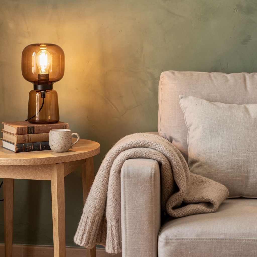 Détail d'un fauteuil en lin avec plaid en laine, livres et lampe en verre ambré sur une table en bois clair