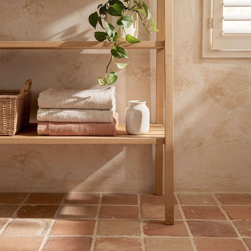 Etagere en bois avec serviettes en lin, panier en rotin et mur en tadelakt