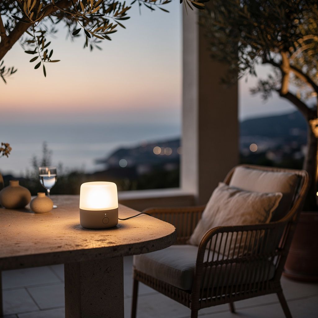 Terrace in Antibes at evening with a cordless lamp on a stone table