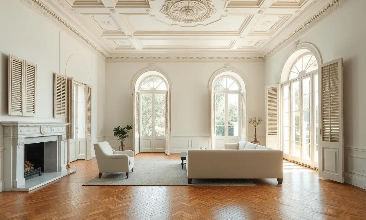 Bright Belle Époque villa living room with mouldings, herringbone parquet and a marble fireplace, French Riviera, Alpes-Maritimes (inspirational image)