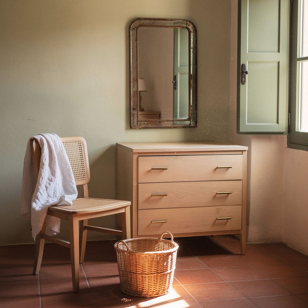 Coin de chambre avec chaise en cannage, commode en chêne et panier en osier sur tomette