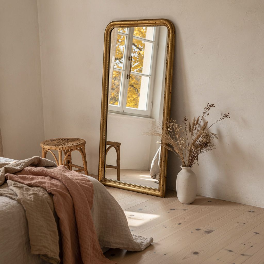 Large floor mirror in a bedroom in Châteauneuf-Grasse, patinated brass frame reflecting autumn light