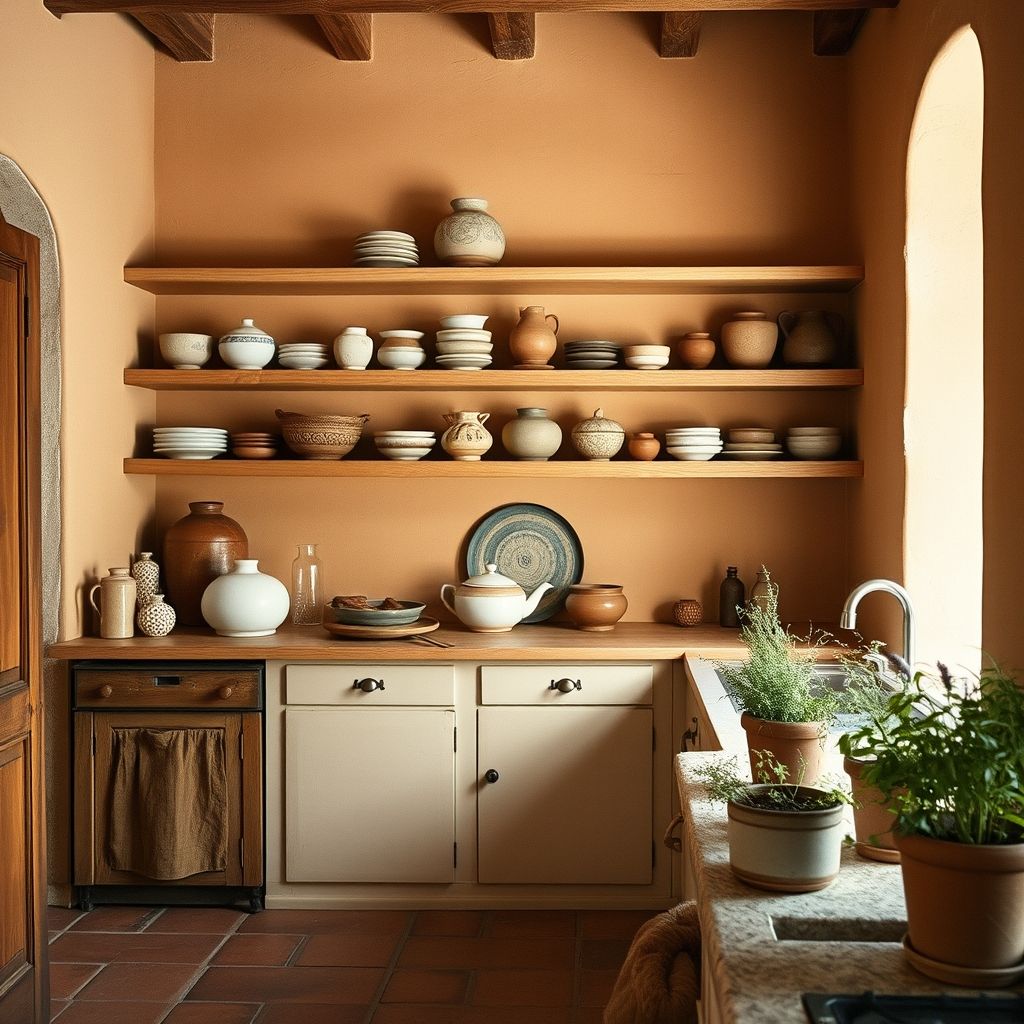 Provencal kitchen in Grasse, pale stone worktop and oiled wood under soft light