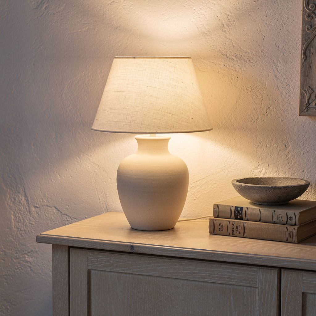 Ceramic lamp with a linen shade on a pale wood console, warm evening light