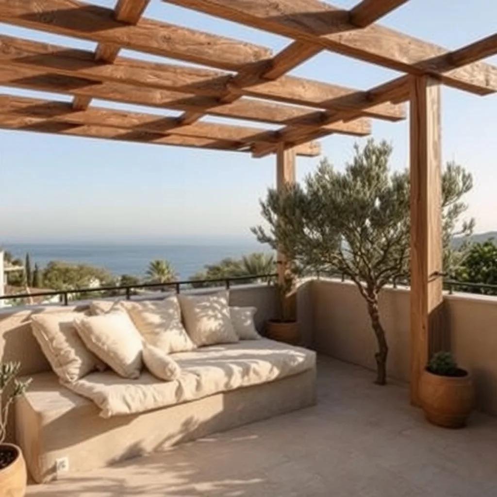 Skyggefull terrasse med puter i vasket lin under en pergola, franske rivieraen, Alpes-Maritimes (inspirasjonsbilde)
