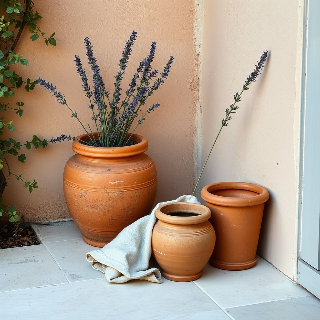 Hagedetalj med terrakottapotter, lavendel og krøllet lin