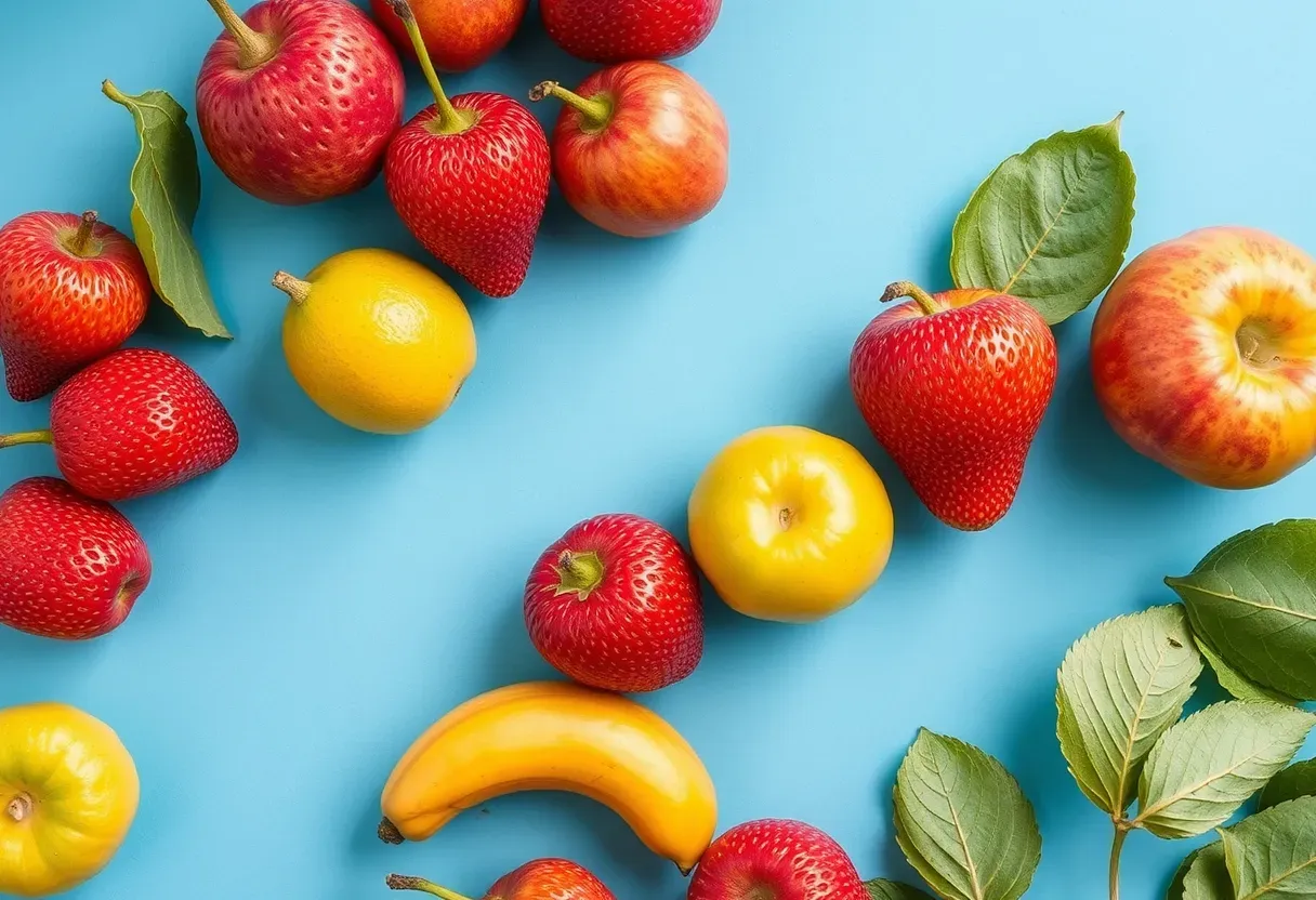 a variety of fruits and vegetables are arranged in a circle on a blue background .