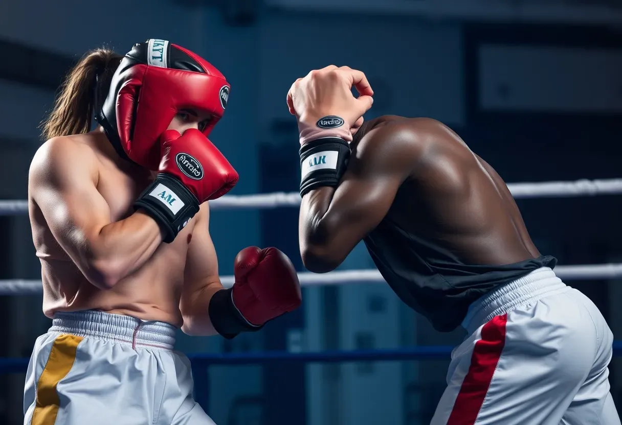 a man and a woman are boxing in a boxing ring .