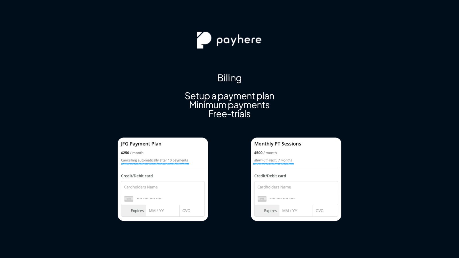 Billing- Create payment plans, minimum terms and free trials