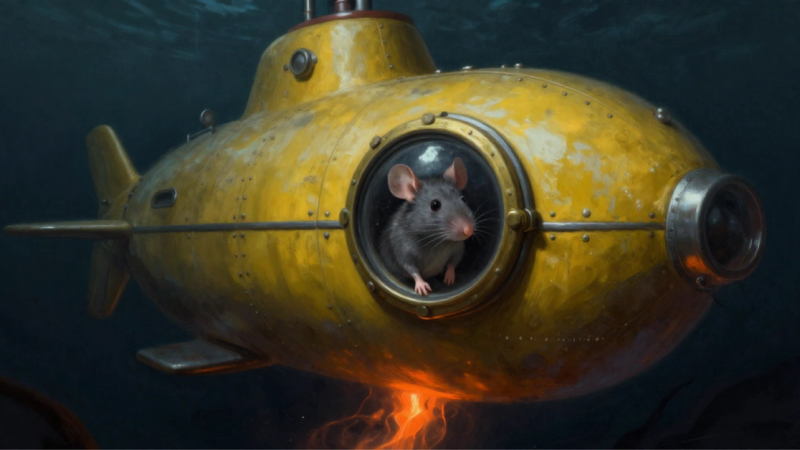 Illustration of a mouse trapped inside a yellow submarine, peering through a porthole