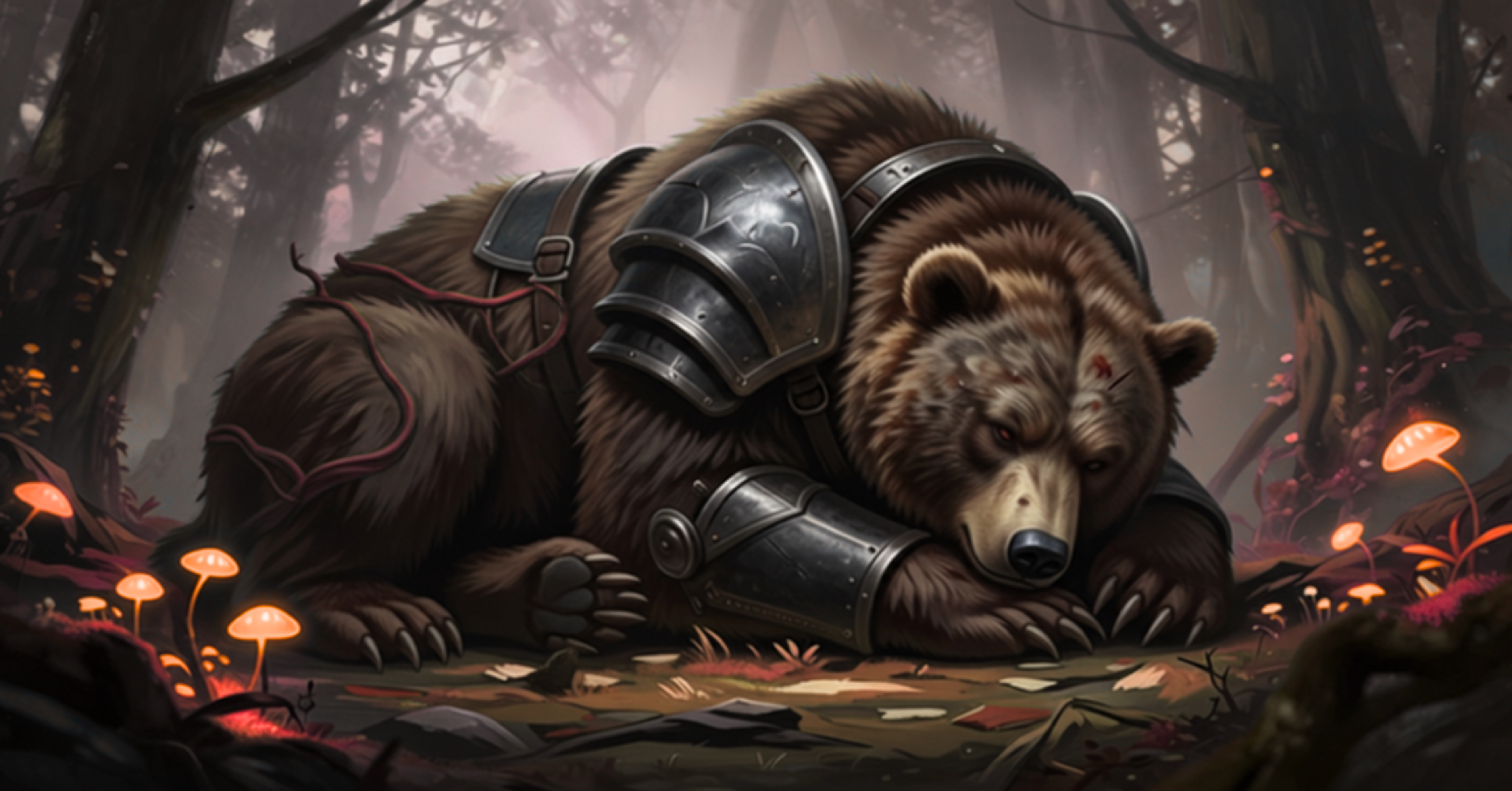 Battle-scarred bear in damaged armor sleeping in a forest clearing