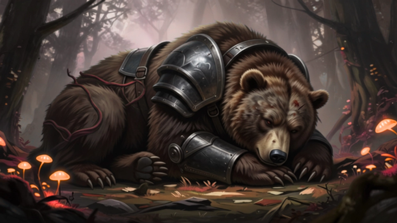 Battle-scarred bear in damaged armor sleeping in a forest clearing