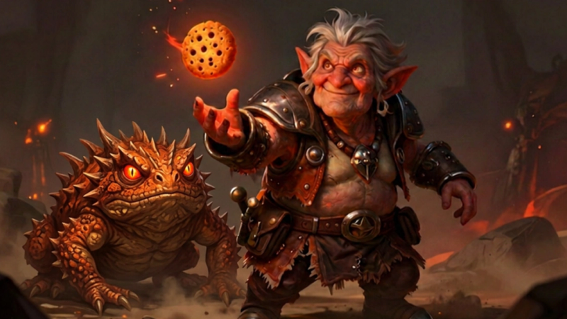 Illustration of the Dota 2 hero Snapfire holding a magical cookie beside her dragon toad companion