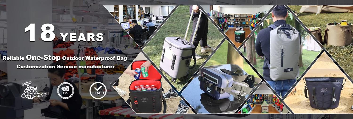 Roll top waterproof backpack features and specification diagram with dimensions