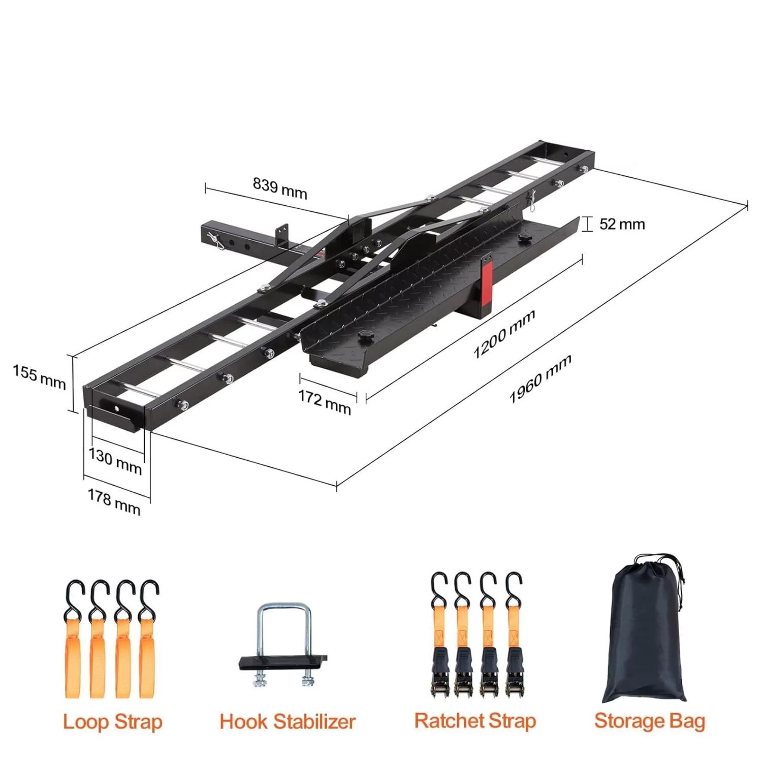 Steel motorcycle hitch carrier with loading ramp side view