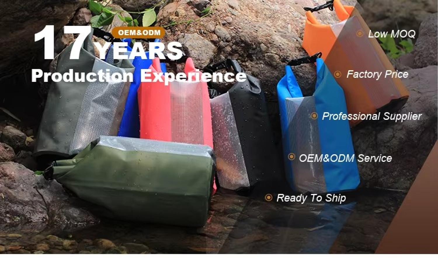 Waterproof roll top backpack exterior view with front buckle straps