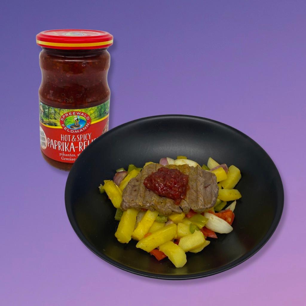 Das Spreewald-Feldmann Paprika-Relish ist perfekt zu Steak und Ofengemüse