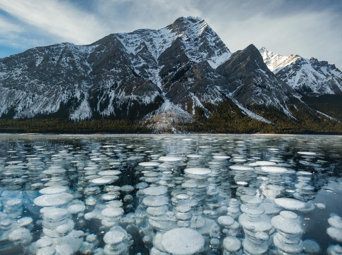 Frozen methane bubbles stacked in columns beneath the clear ice of a lake, with a snow-dusted mountain ridge behind.