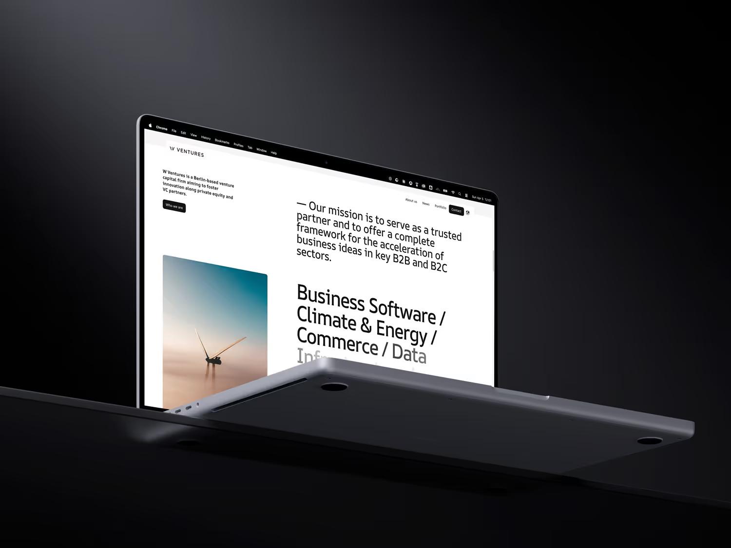 Page d'accueil de W Ventures sur un MacBook, avec l'énoncé de mission et les secteurs d'investissement