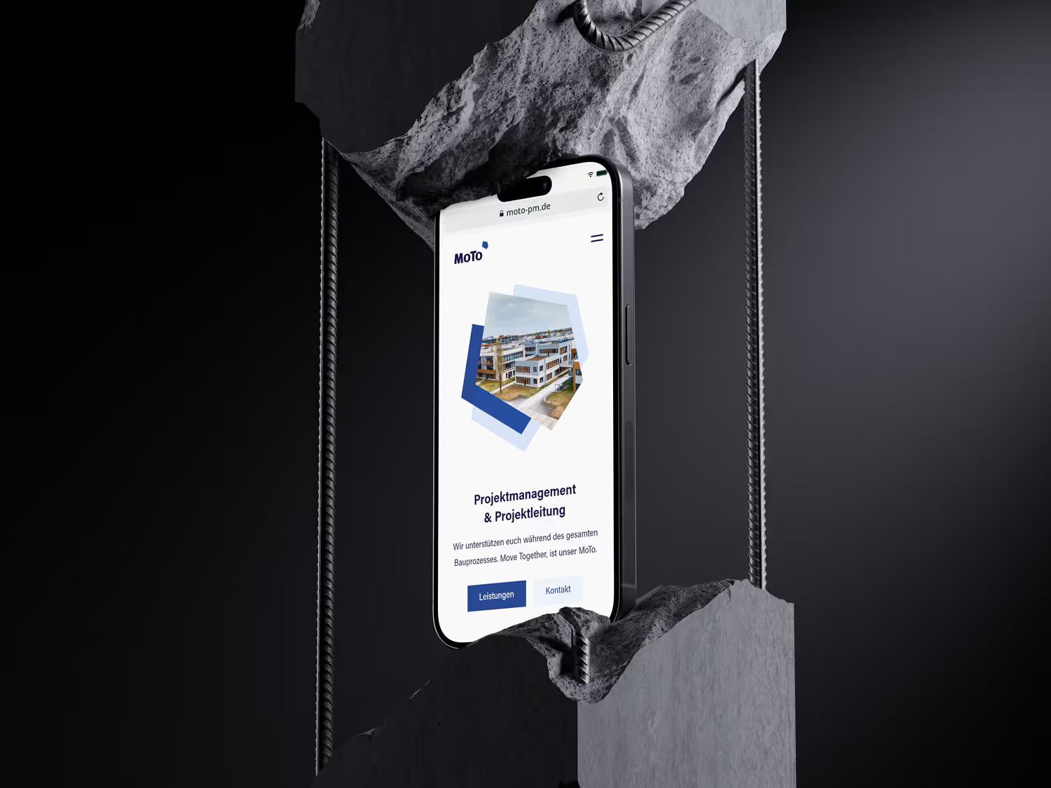 Page d'accueil mobile de MoTo sur iPhone, avec l'introduction Projektmanagement und Projektleitung