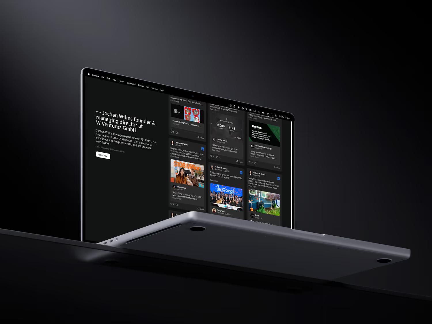 Page équipe de W Ventures sur un MacBook en thème sombre, avec le profil du fondateur et la grille d'actualités