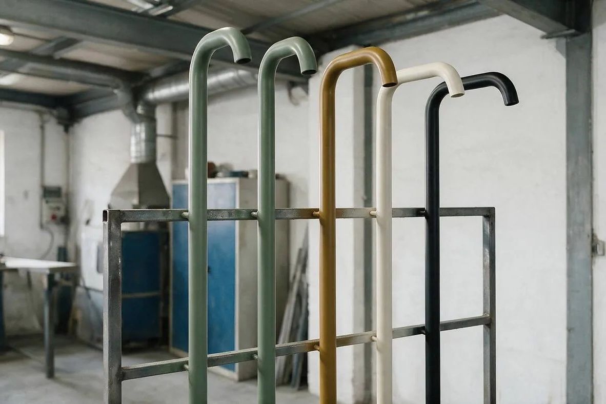 Colonne doccia verniciate in cinque colori appese al carrello nel reparto essiccazione di Fontealta