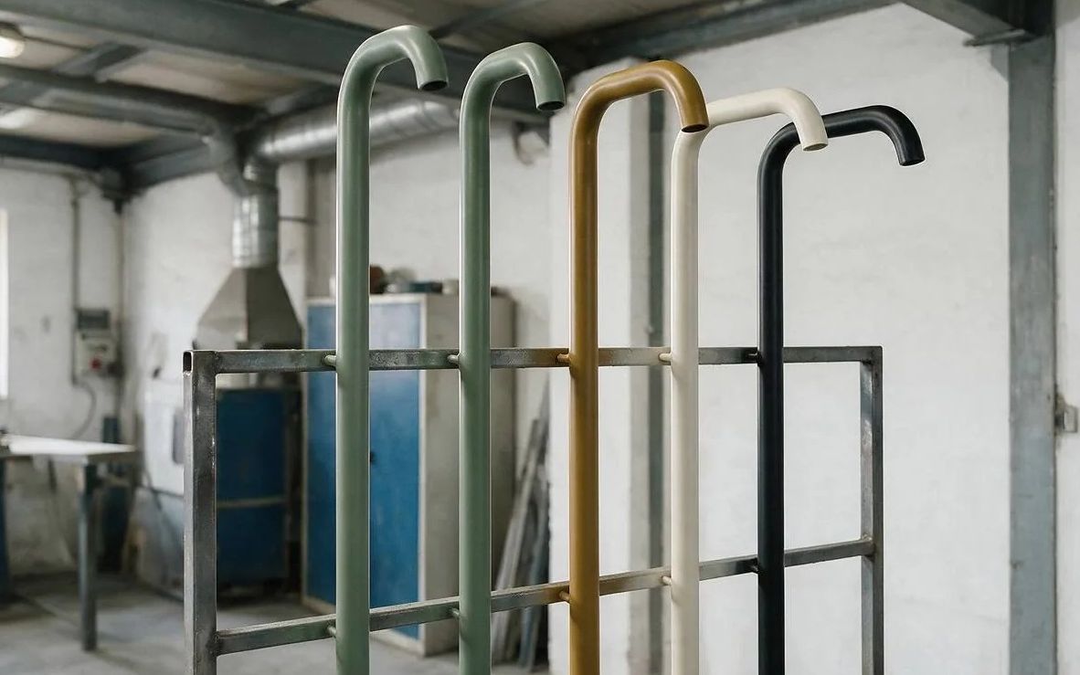 Colonne doccia verniciate in cinque colori appese al carrello nel reparto essiccazione di Fontealta