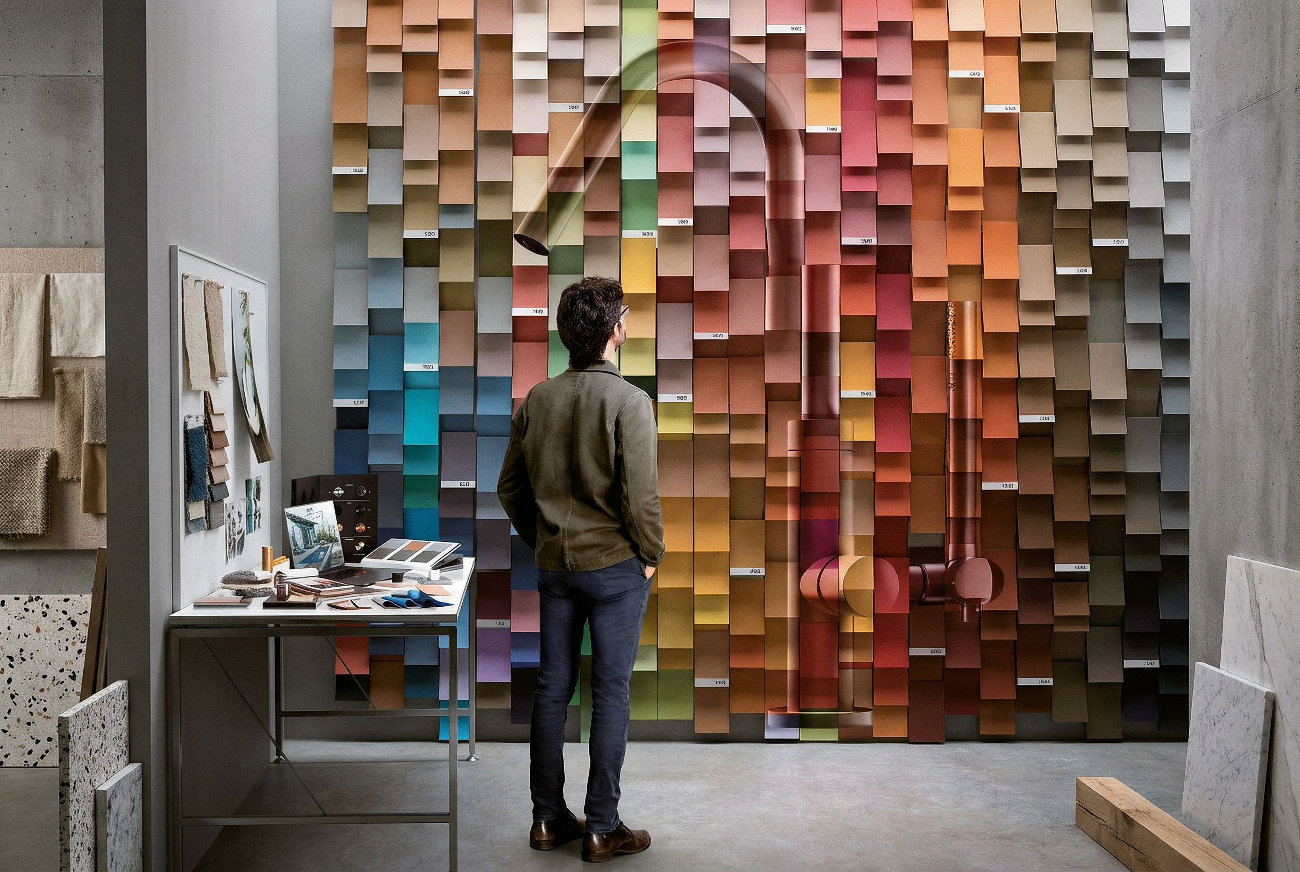 Parete di campioni colore RAL, Pantone e NCS con una colonna doccia Fontealta verniciata integrata nella campitura