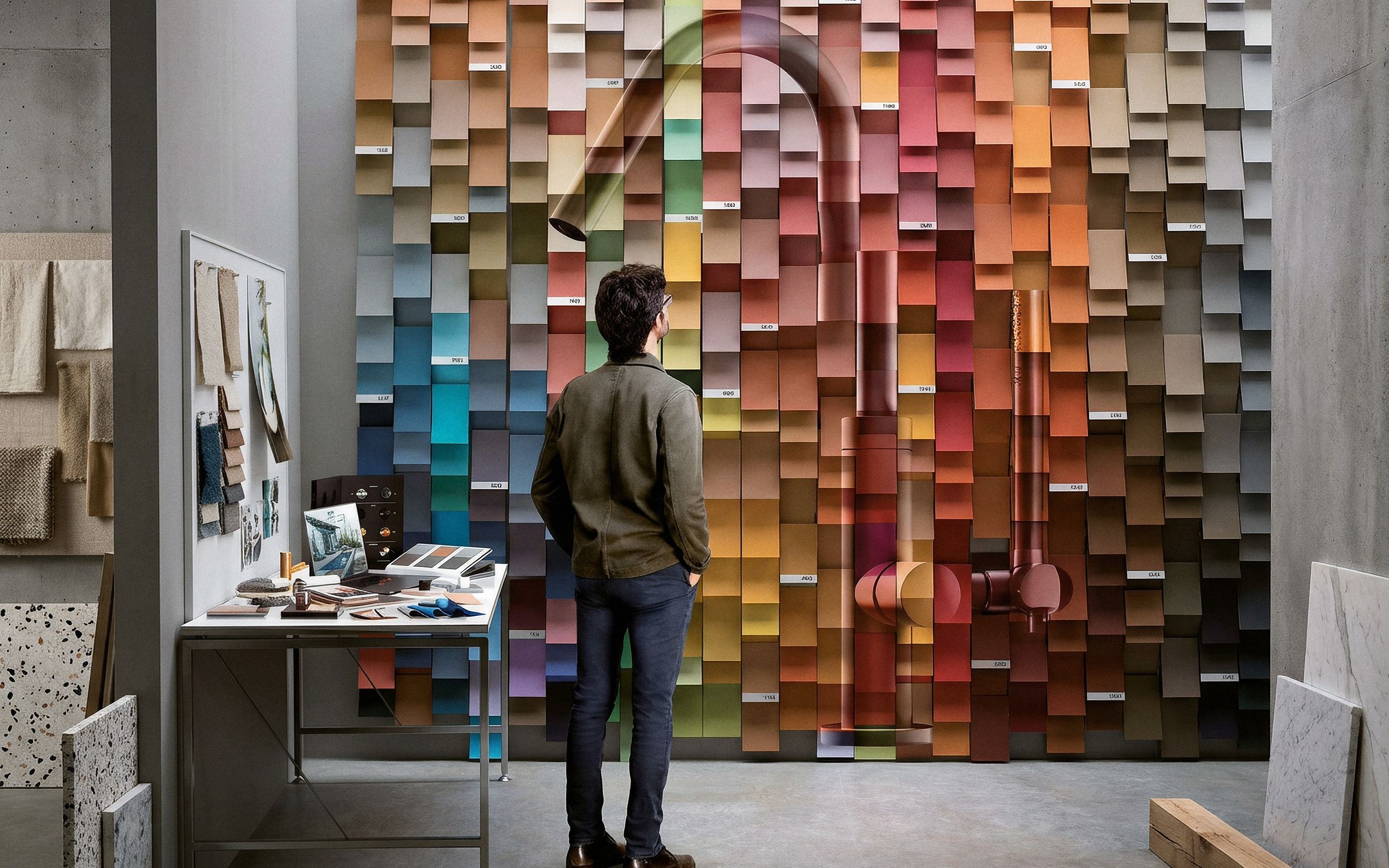 Parete di campioni colore RAL, Pantone e NCS con una colonna doccia Fontealta verniciata integrata nella campitura
