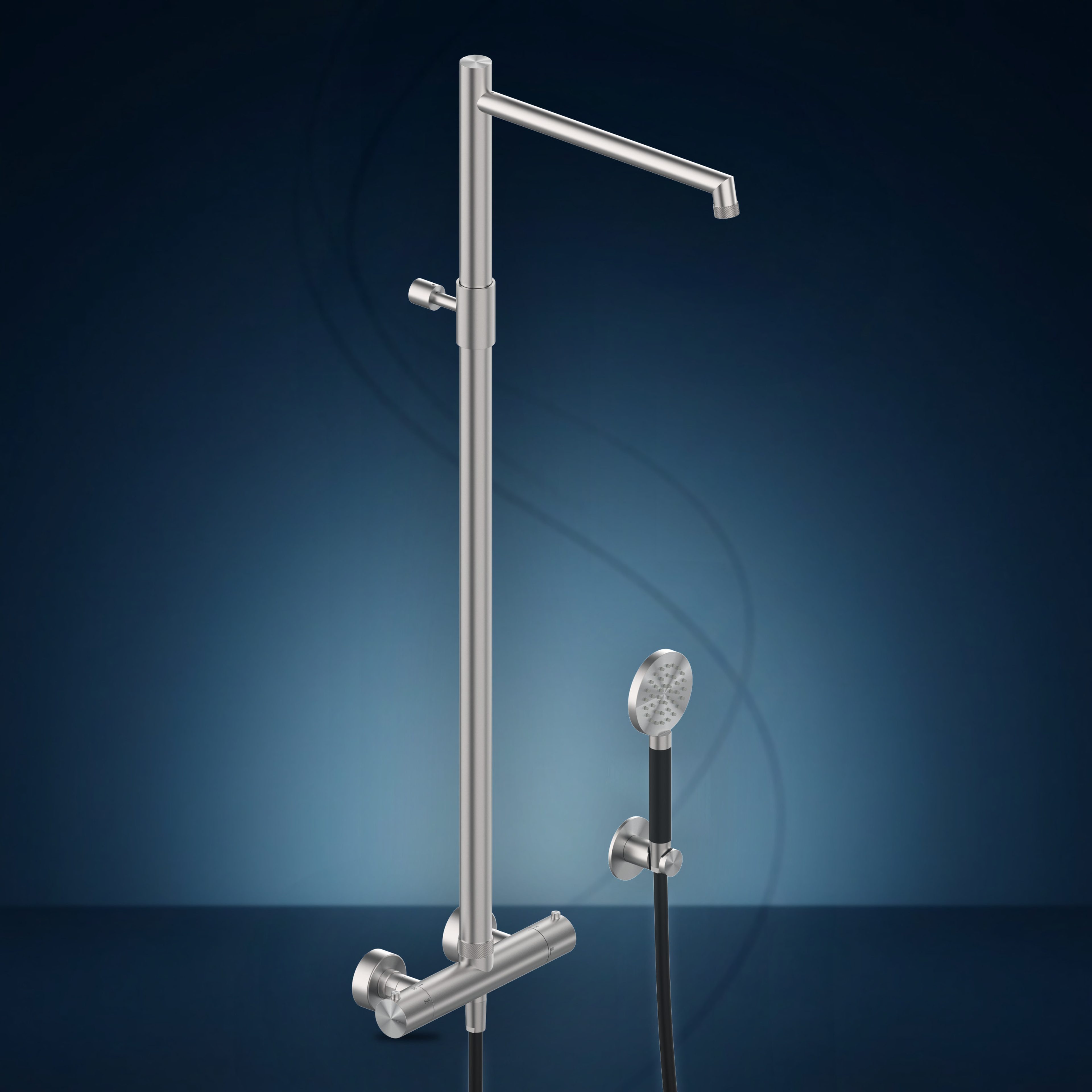 Miscelatore termostatico esterno con colonna doccia, soffione incassato e doccetta W56A6.E, collezione Flamingo