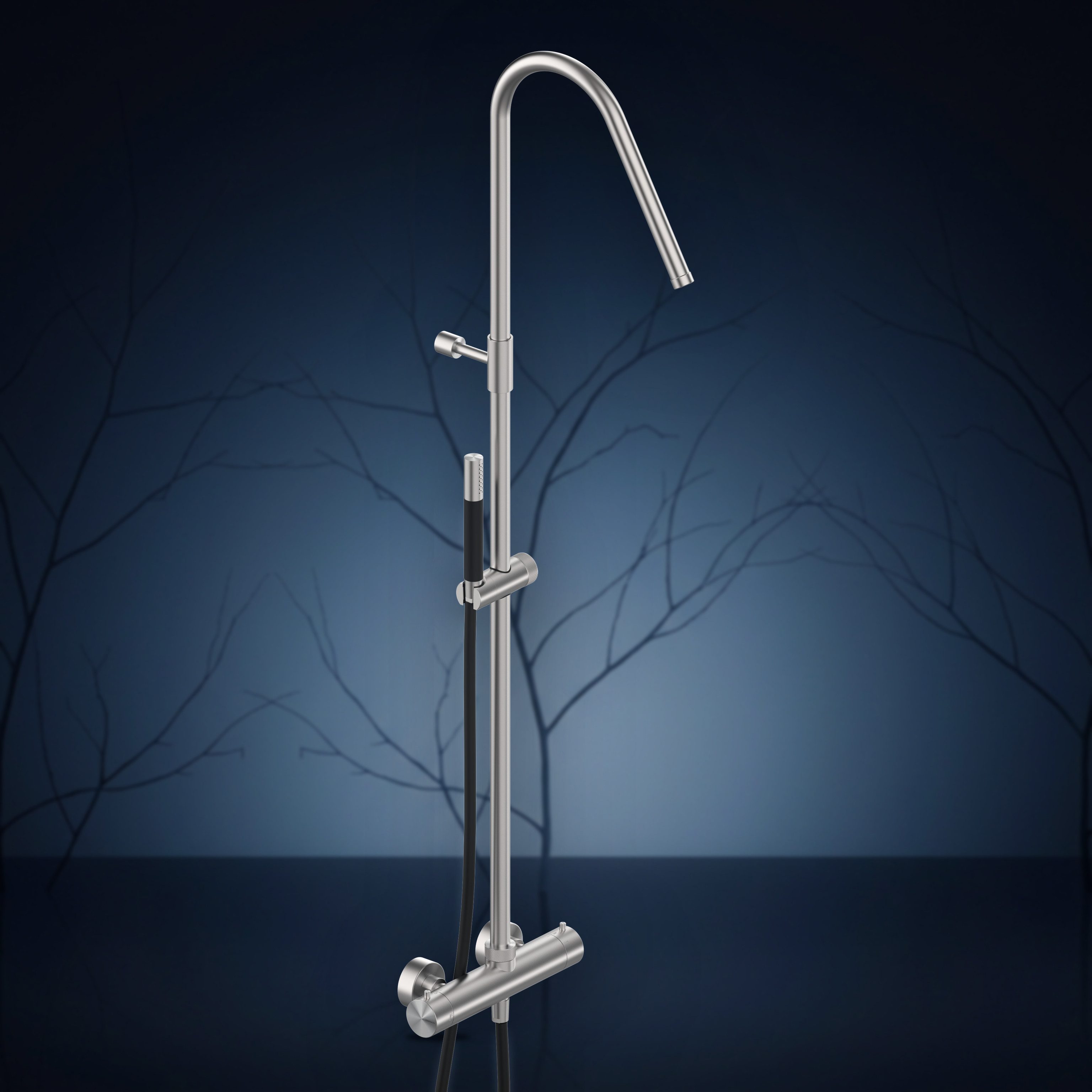 Miscelatore termostatico esterno con colonna doccia, soffione incassato e doccetta W875.E, collezione Twiggy