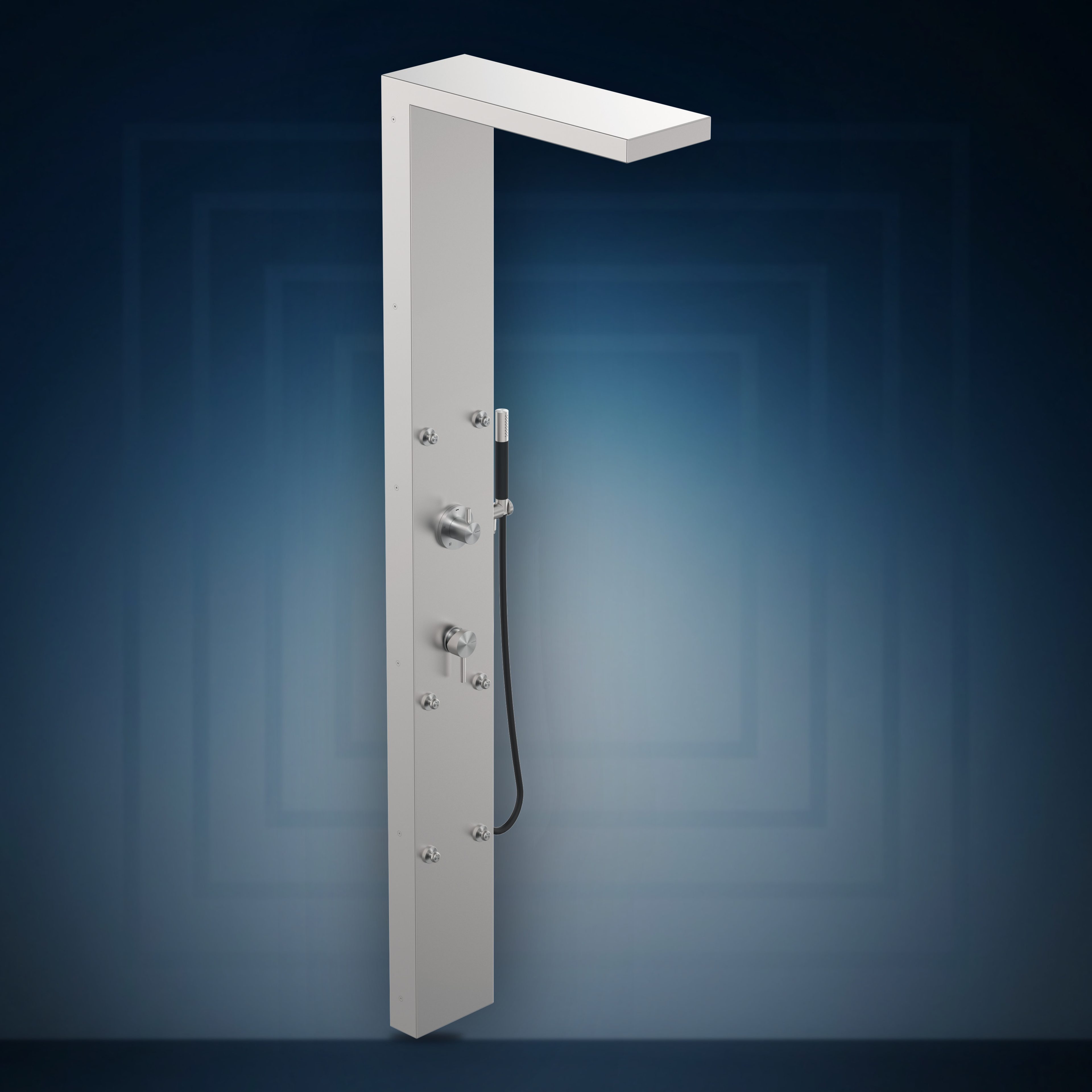 Pannello doccia murale, con miscelatore, deviatore 5 vie, 6 body-jet orientabili, soffione incassato 220x110 mm e doccetta P22.S, collezione In&Out