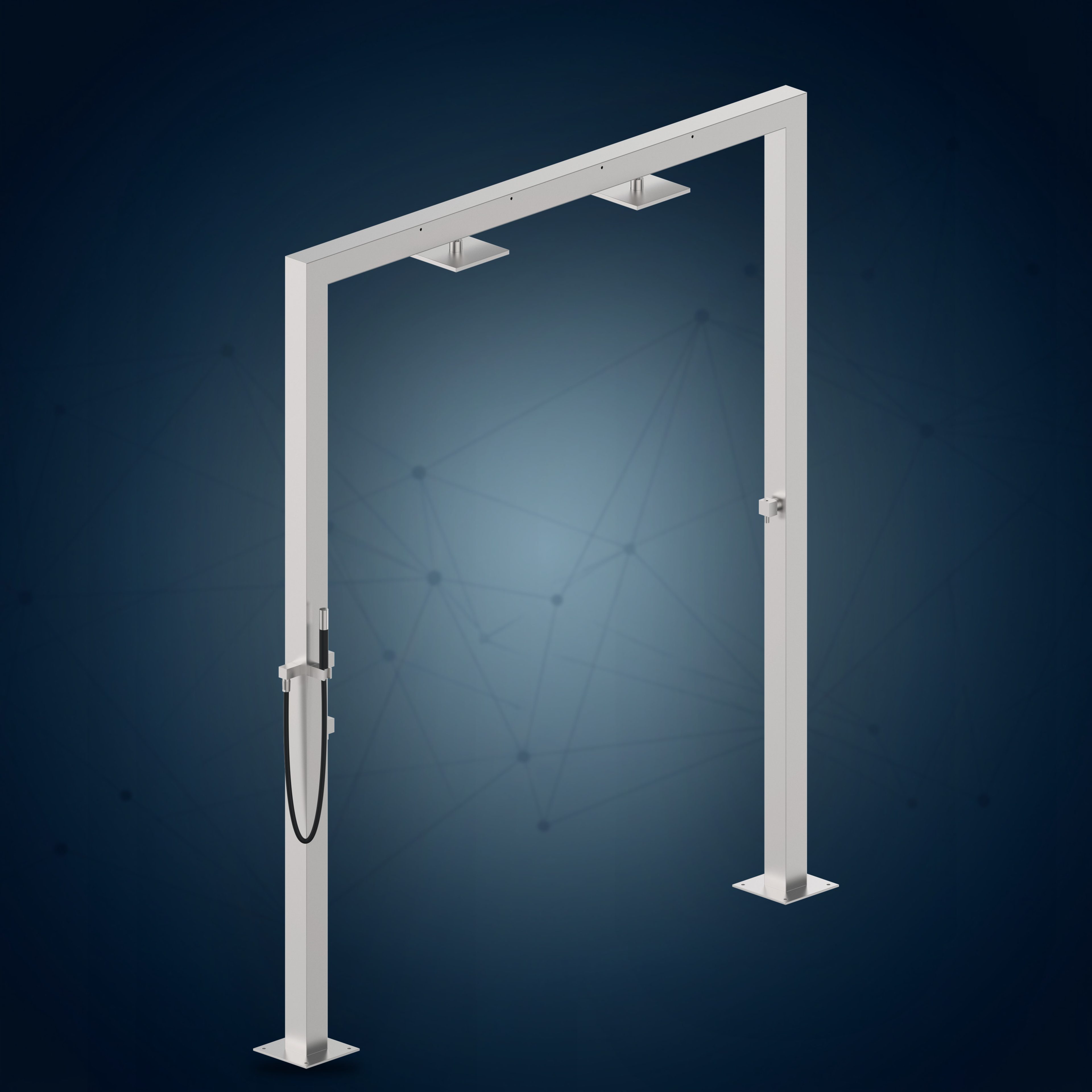 Doccia a ponte con 3 rubinetti d’arresto, 2 soffioni S07 200X200 mm e doccetta PQ80.2, collezione Community