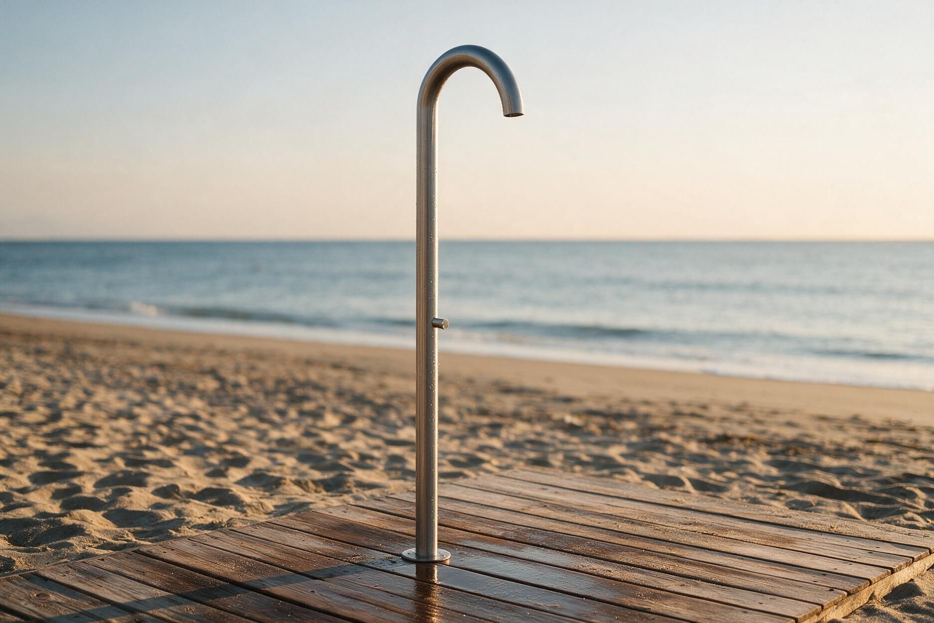 Colonna doccia Club C90.AST su pedana di teak in riva al mare