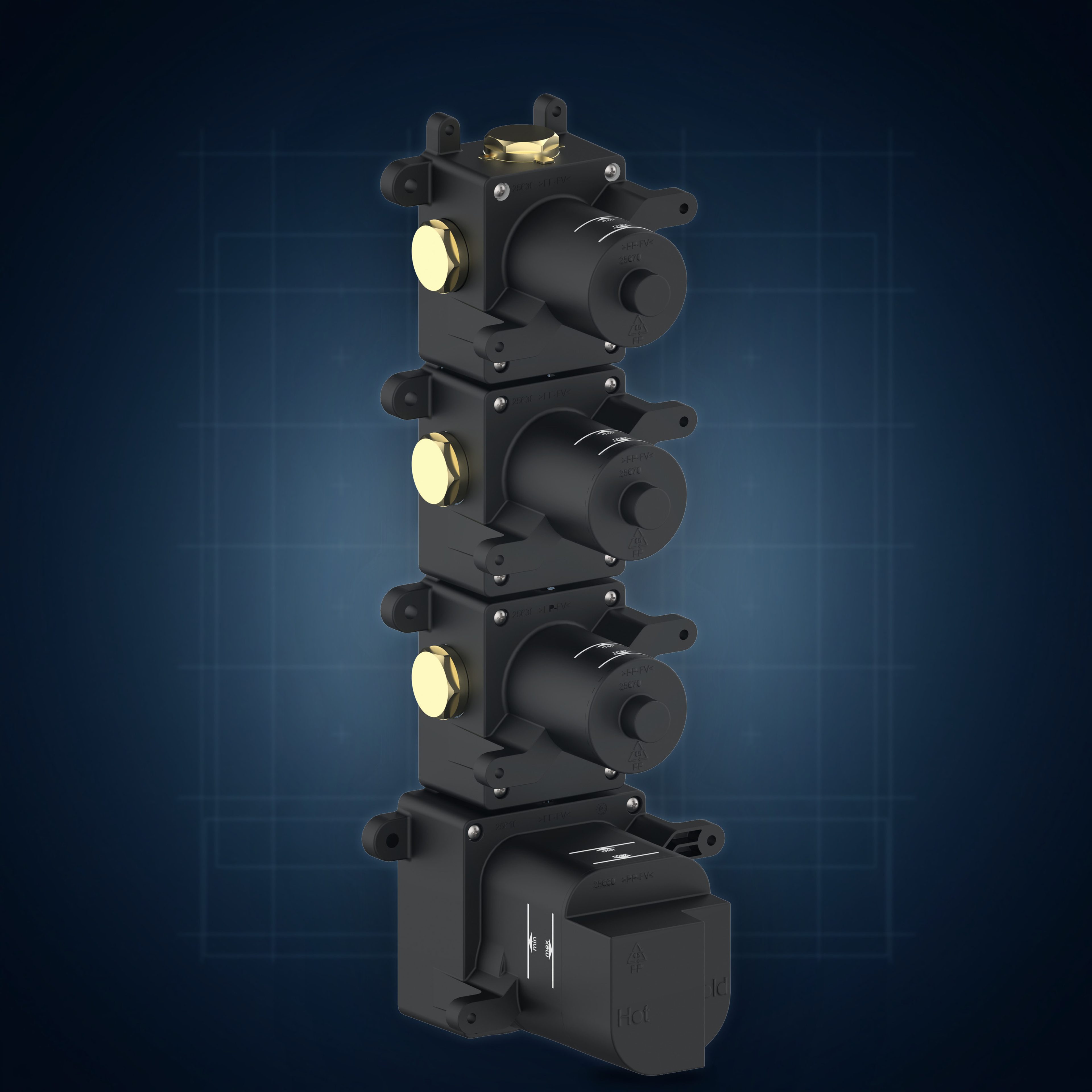 Corpo incasso per miscelatore termostatico High-Flow a 3 uscite HF3.INC, collezione Corpi a incasso