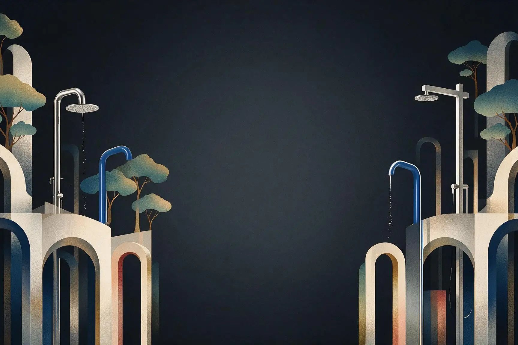 Illustrazione Fontealta per Cersaie 2026: colonne doccia in acciaio inox tra archi e alberi stilizzati su fondo antracite